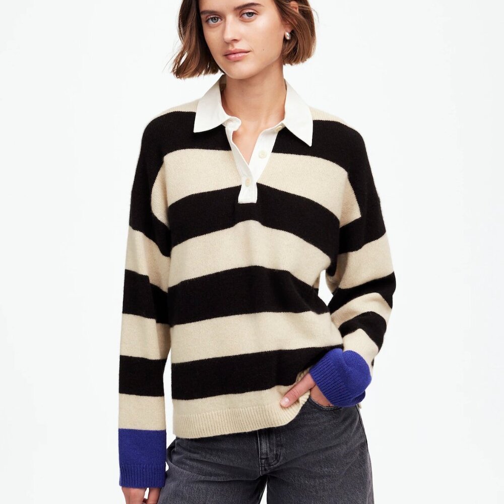 Madewell | Black and Cream Striped V-Neck Sweater with Blue Cuff Detail
